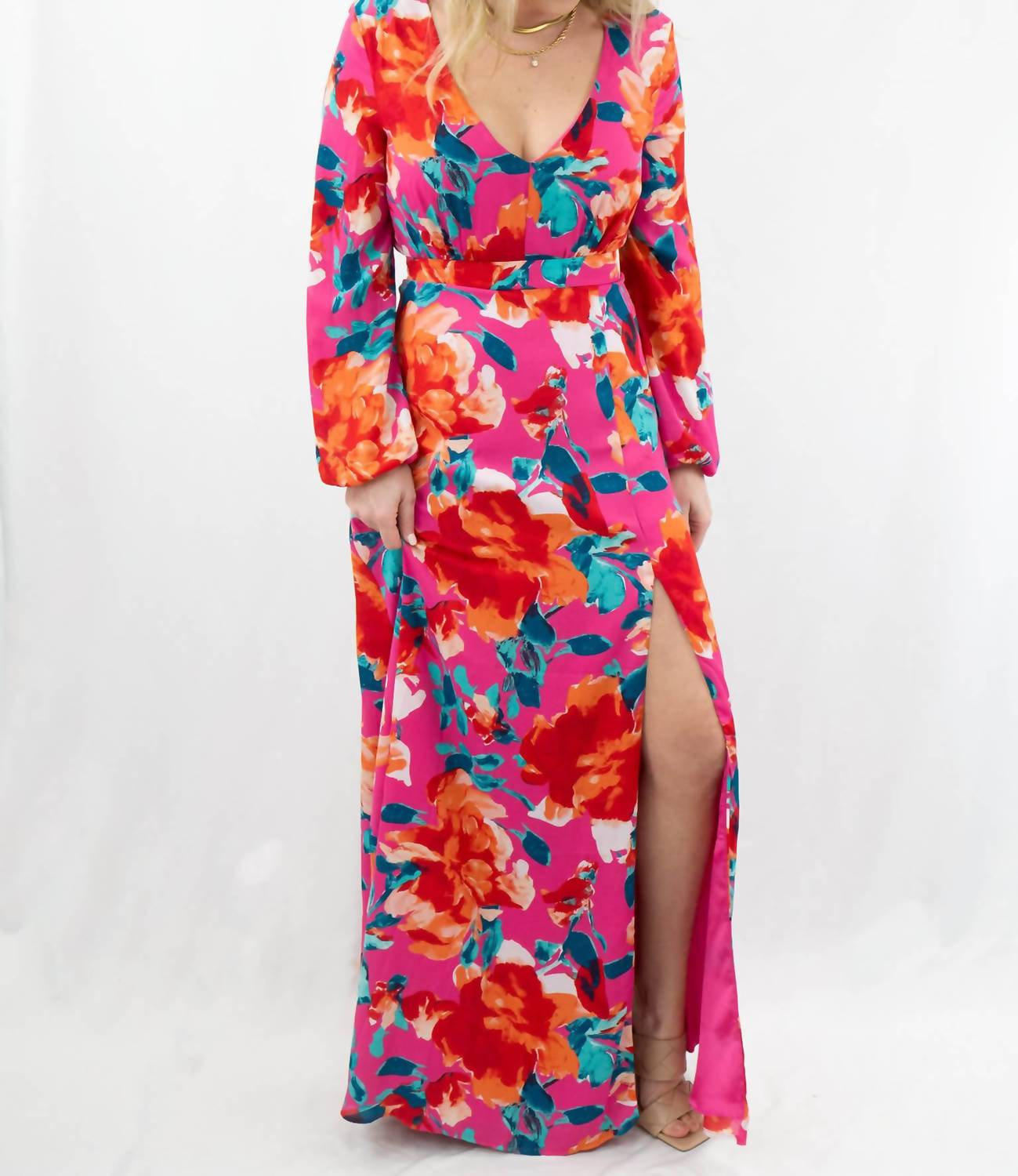 ark & co. Floral V-Neck Maxi Long Sleeve Dress in hot pink - women's dress - detail view
