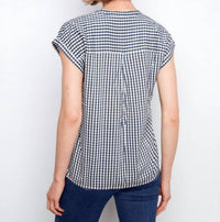 CHARLIE B Printed Gingham Short Sleeve Blouse in navy - women's blouse - detail view