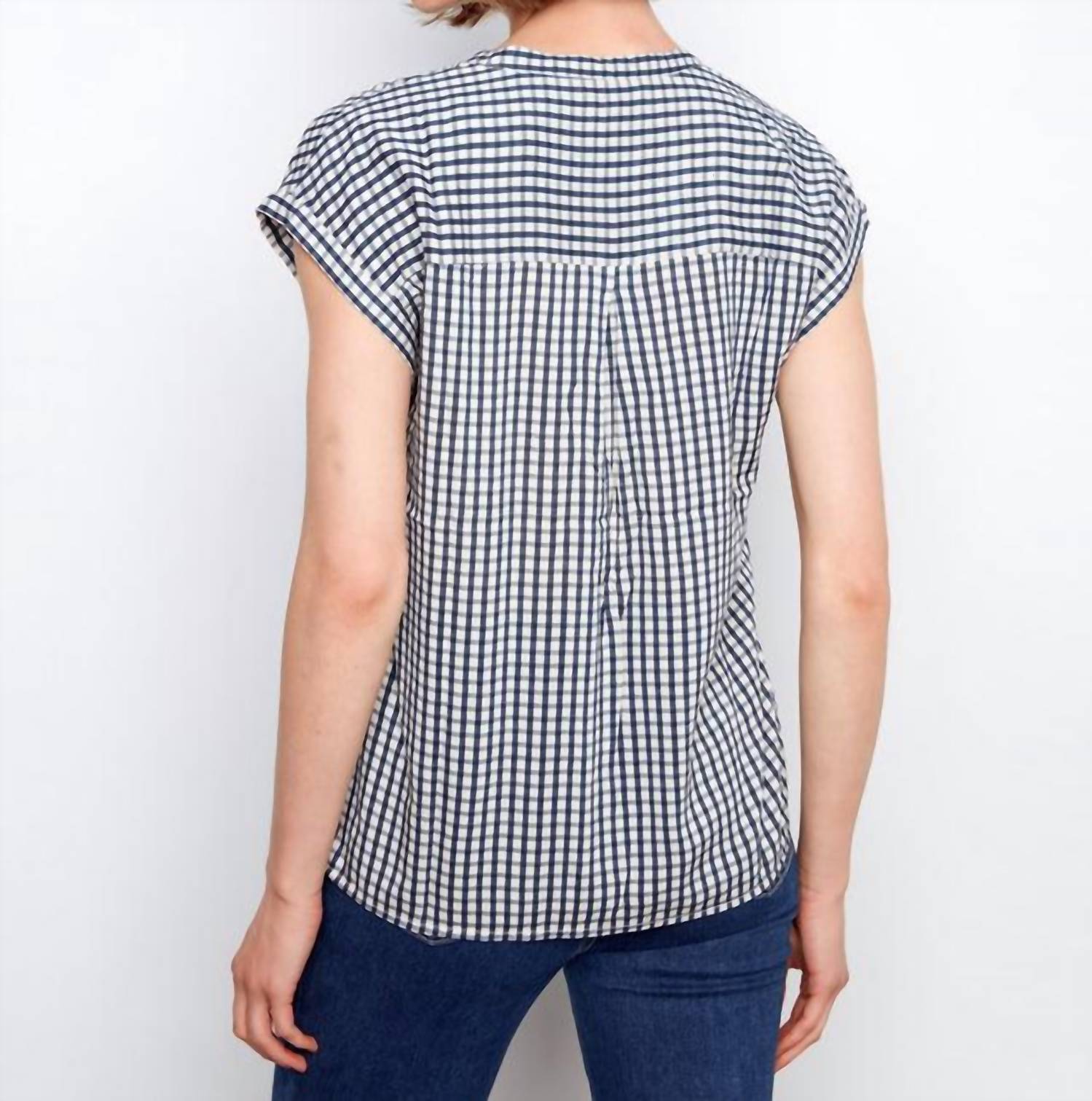 CHARLIE B Printed Gingham Short Sleeve Blouse in navy - women's blouse - detail view