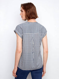 CHARLIE B Printed Gingham Short Sleeve Blouse in navy - women's blouse - alternate view