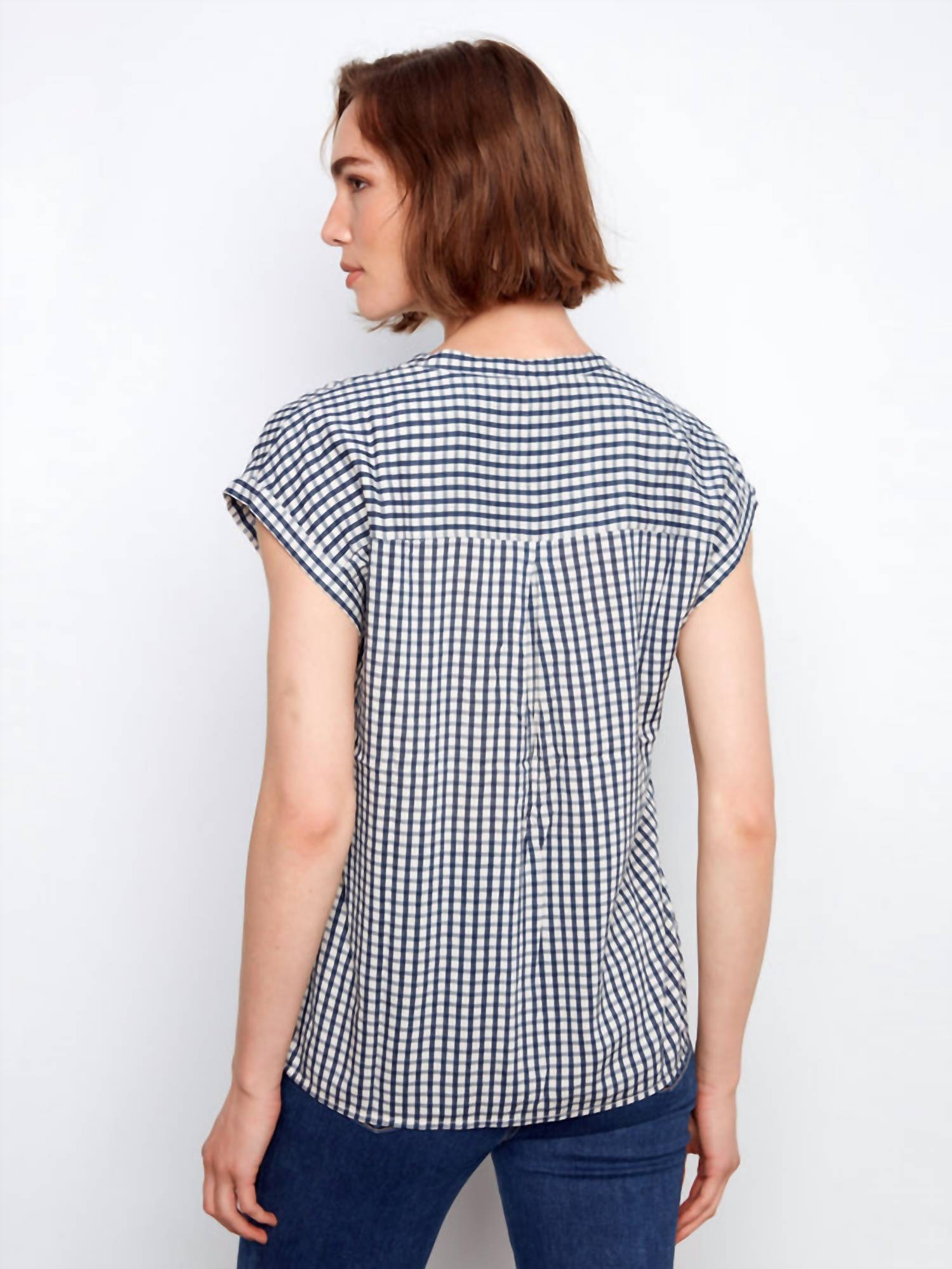 CHARLIE B Printed Gingham Short Sleeve Blouse in navy - women's blouse - alternate view