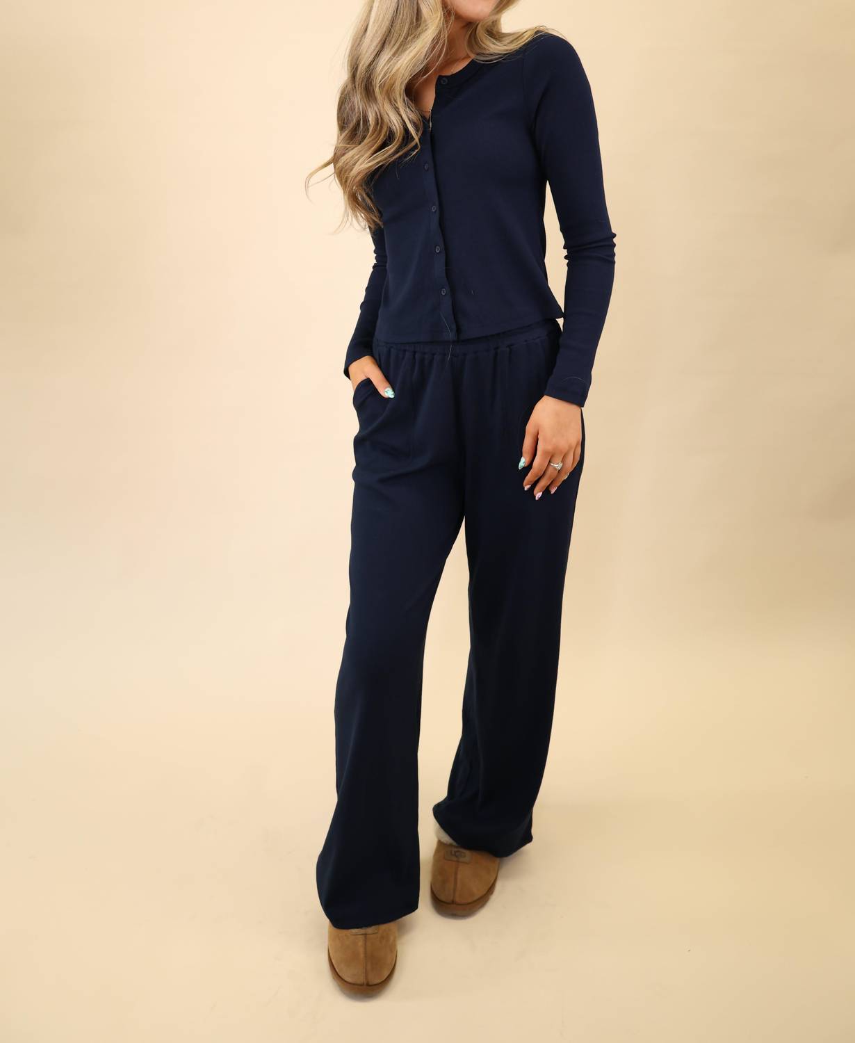 Sundry Luxe Rib Knit Lounge Flare Pant in deep navy - women's pants - detail view