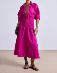 APIECE APART Sophia Smocked Shirt Midi Dress in fuchsia - women's dress - view 4