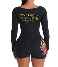 Ed Hardy Sacred Heart Long Sleeve Short Lace Romper in black - women's pants - detail view