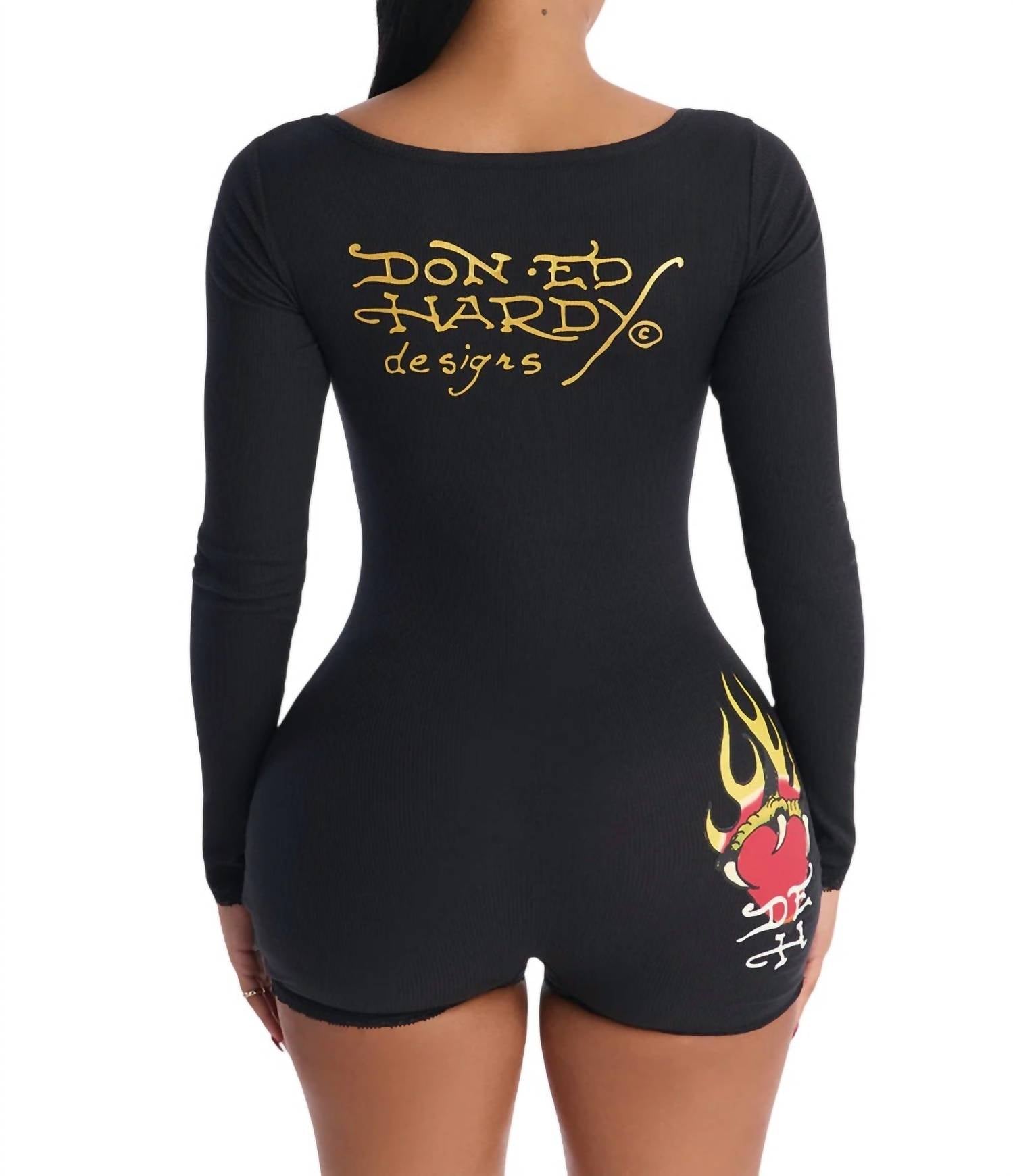 Ed Hardy Sacred Heart Long Sleeve Short Lace Romper in black - women's pants - detail view