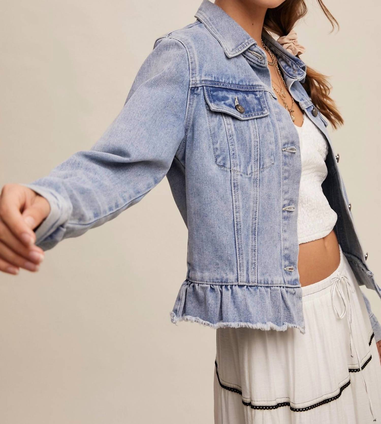 Listicle - Ruffled Hem Denim Jacket