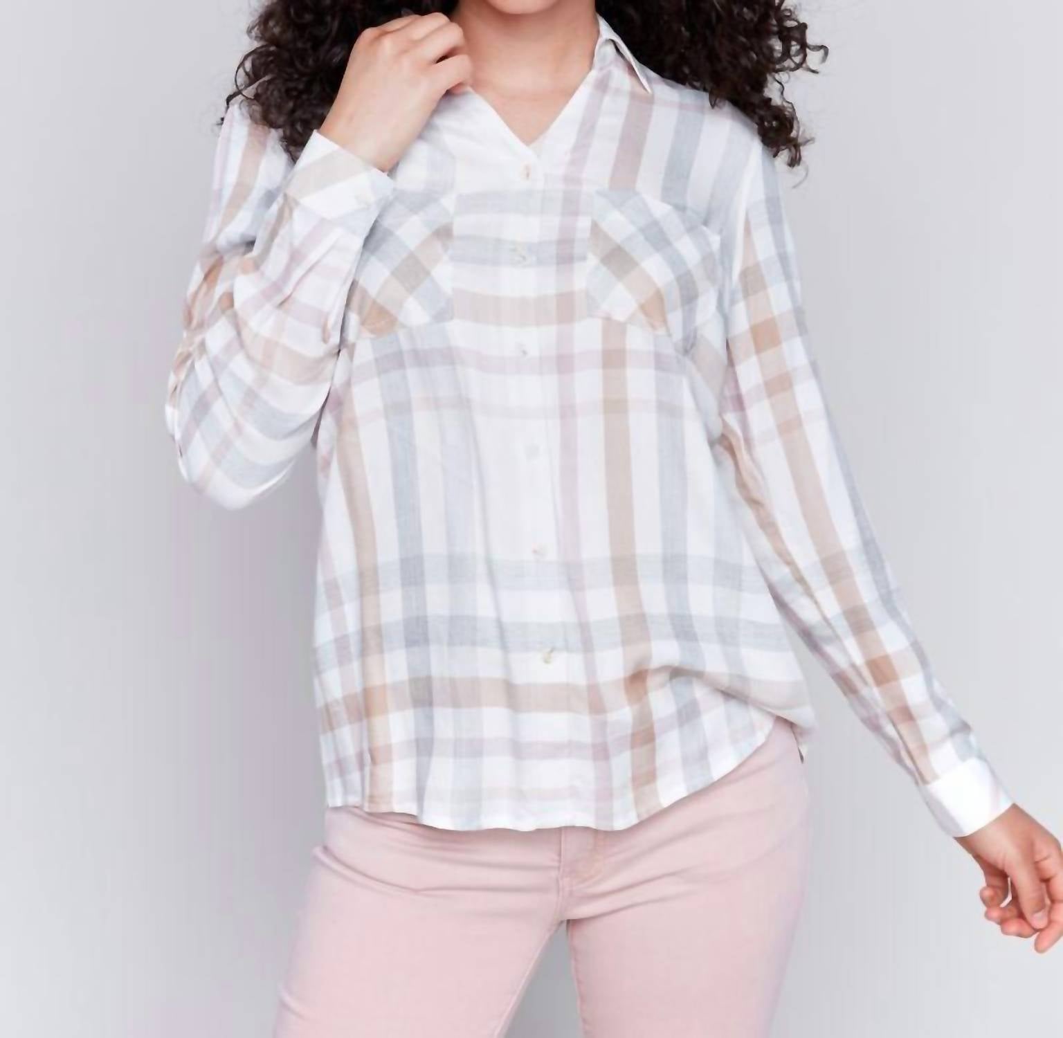 CHARLIE B Plaid Long Sleeve Button Shirt in pink quartz 1 - women's shirt