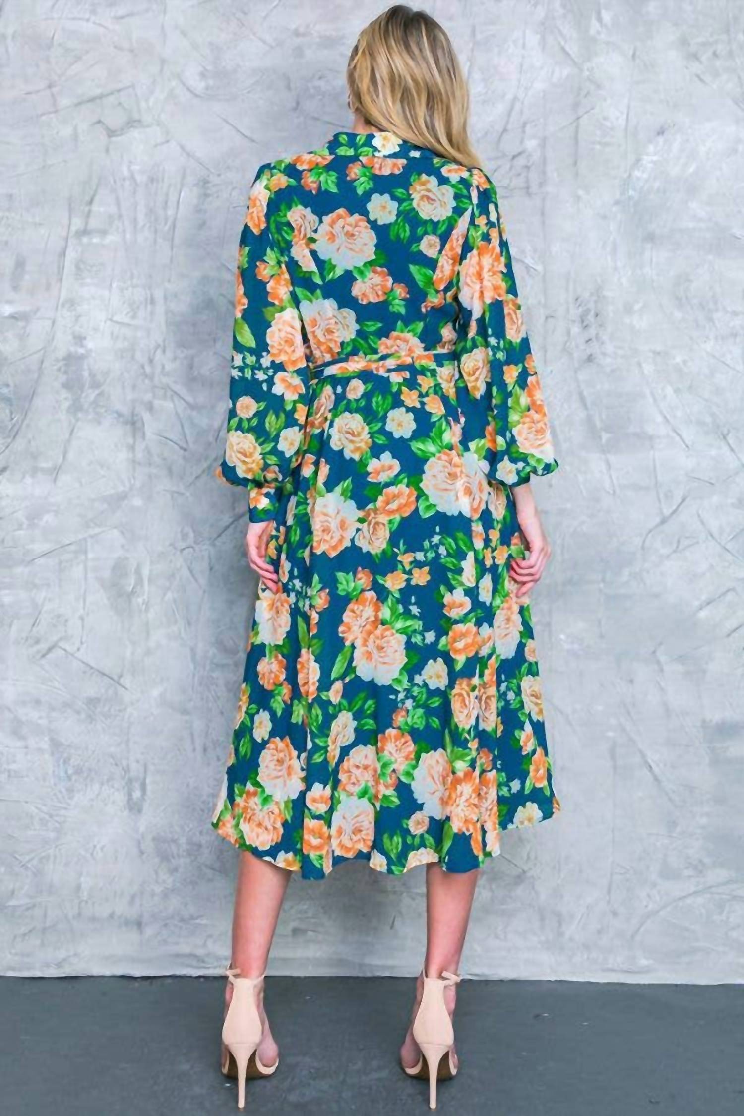 Flying Tomato - Printed Woven Midi Shirt Dress