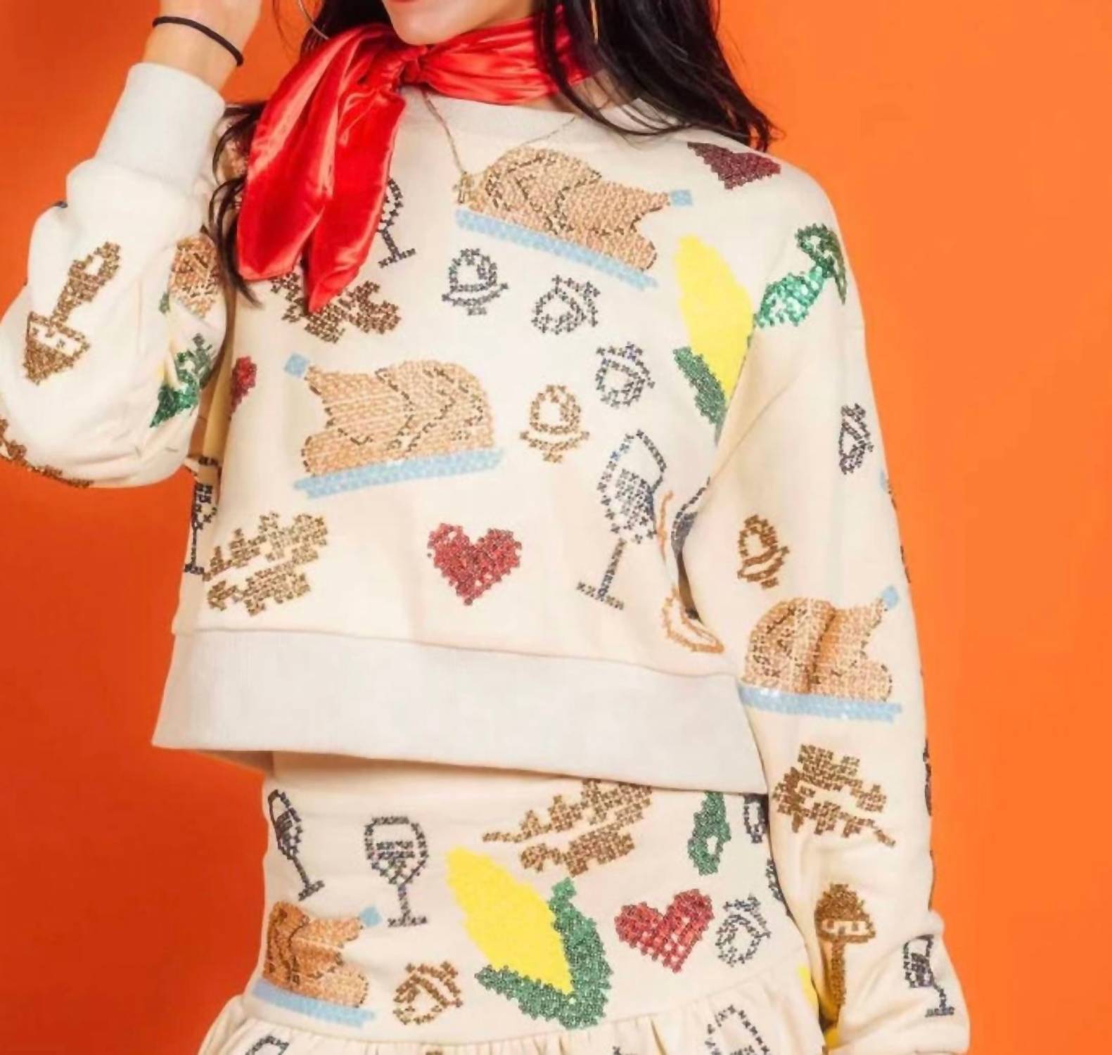 QUEEN OF SPARKLES Scattered Needlepoint Turkey Dinner Cropped Sweatshirt in tan - women's top