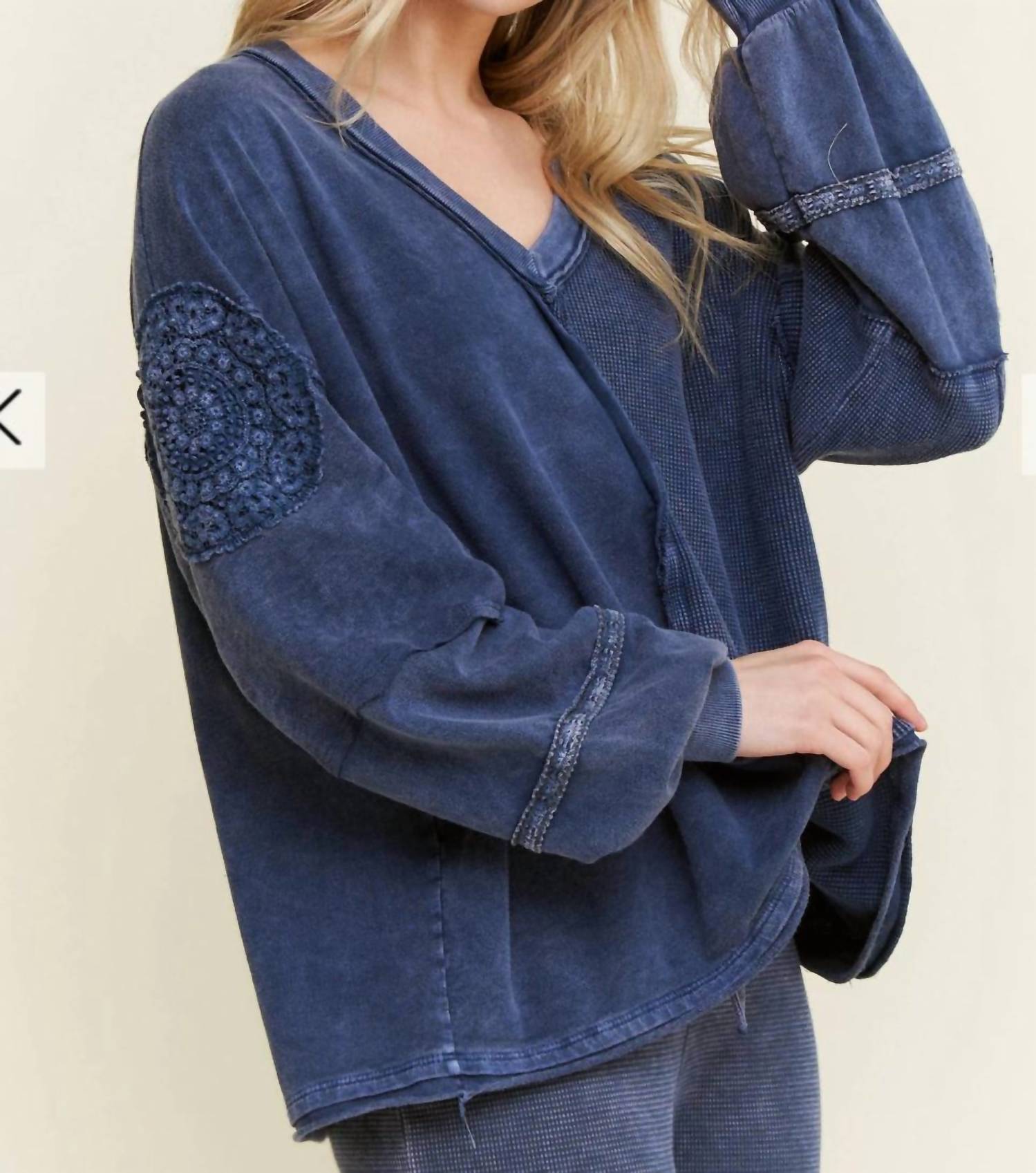 J. Her Women's Sail Away Top in navy blue - women's long sleeve top - detail view