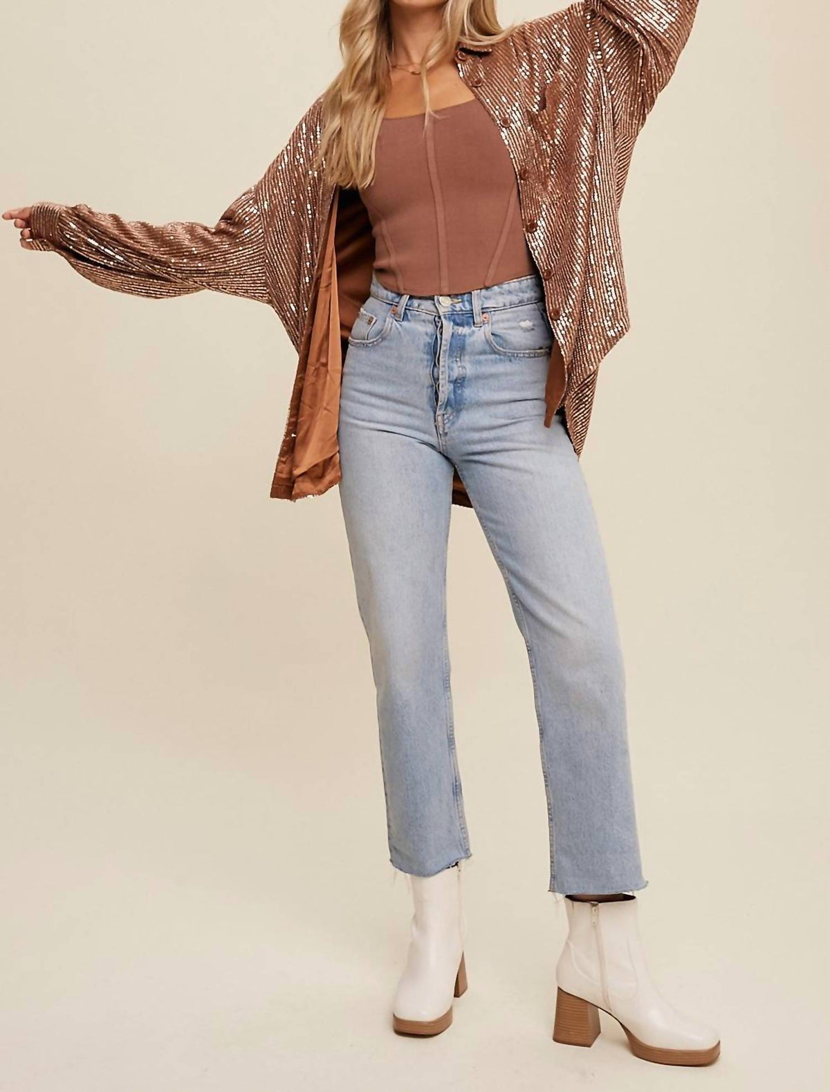 Listicle - Oversized Sequin Button Down Shirt