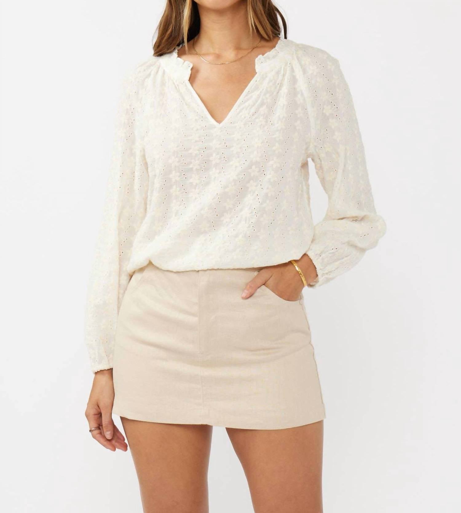 Lovestitch - Embroidered Floral Eyelet Long Sleeve Blouse