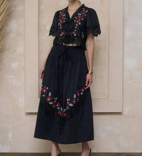Moon River - Shirred Waist Embroidered Floral Midi Skirt