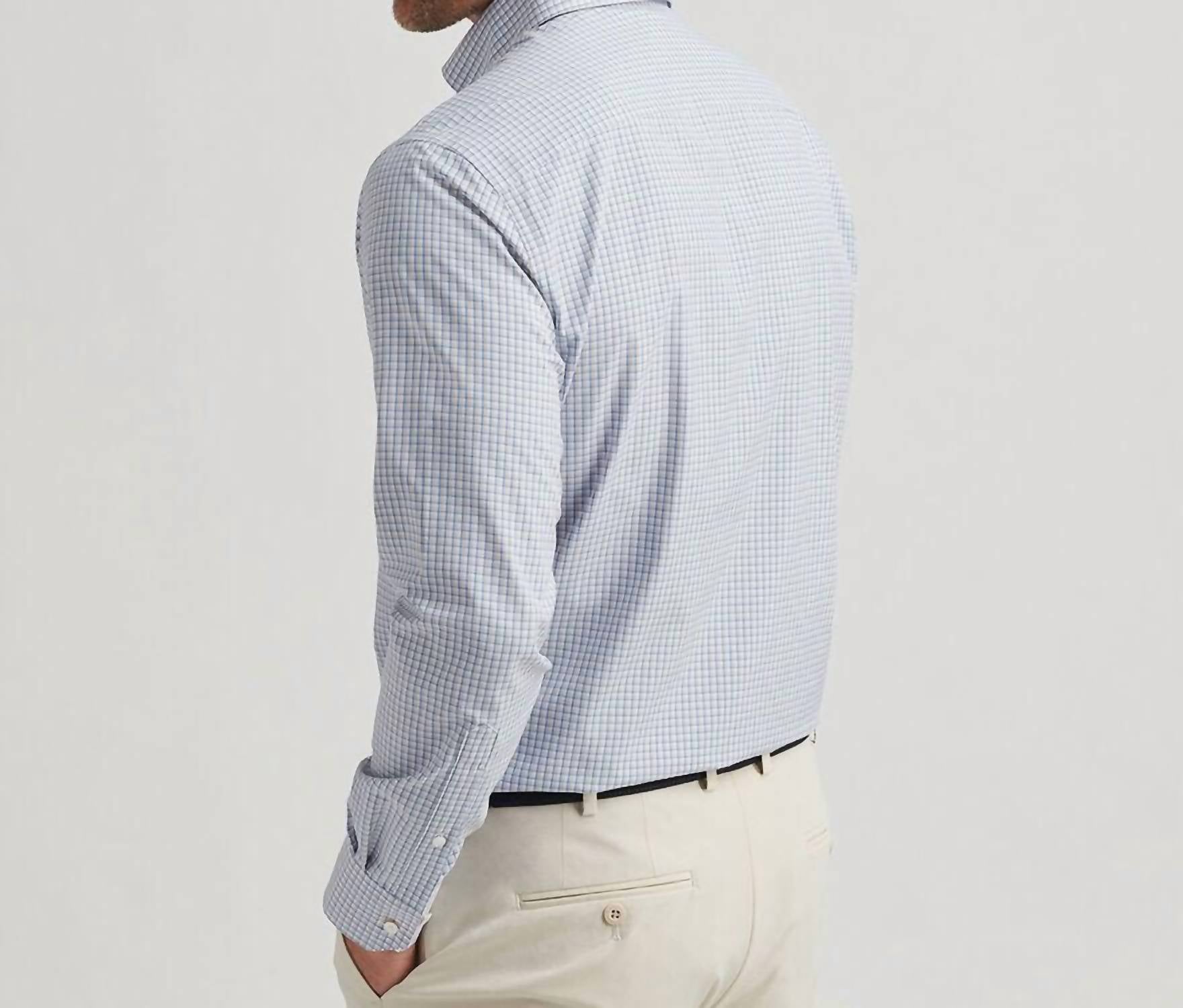 PETER MILLAR Rollins Performance Poplin Sport Shirt in blue - men's long sleeve top - detail view