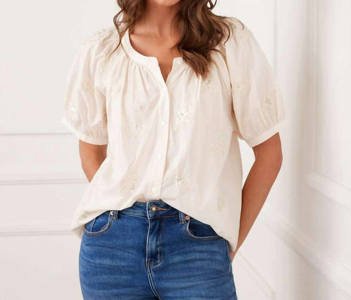 Karen Kane - Short Sleeve Embroidered Peasant Top