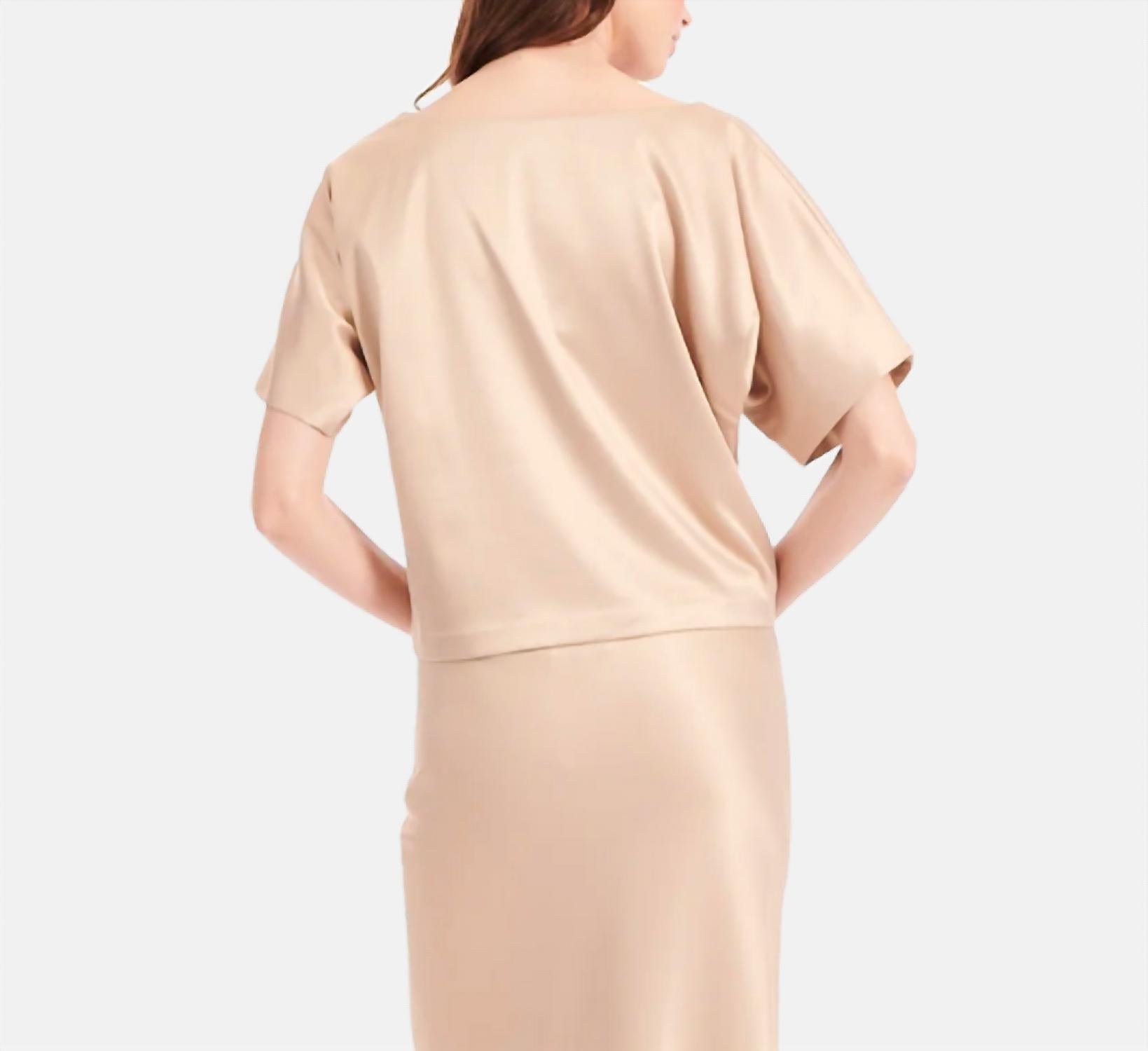 EMILY SHALANT Satin V Neck Dolman Top in bisque - women's blouse - detail view