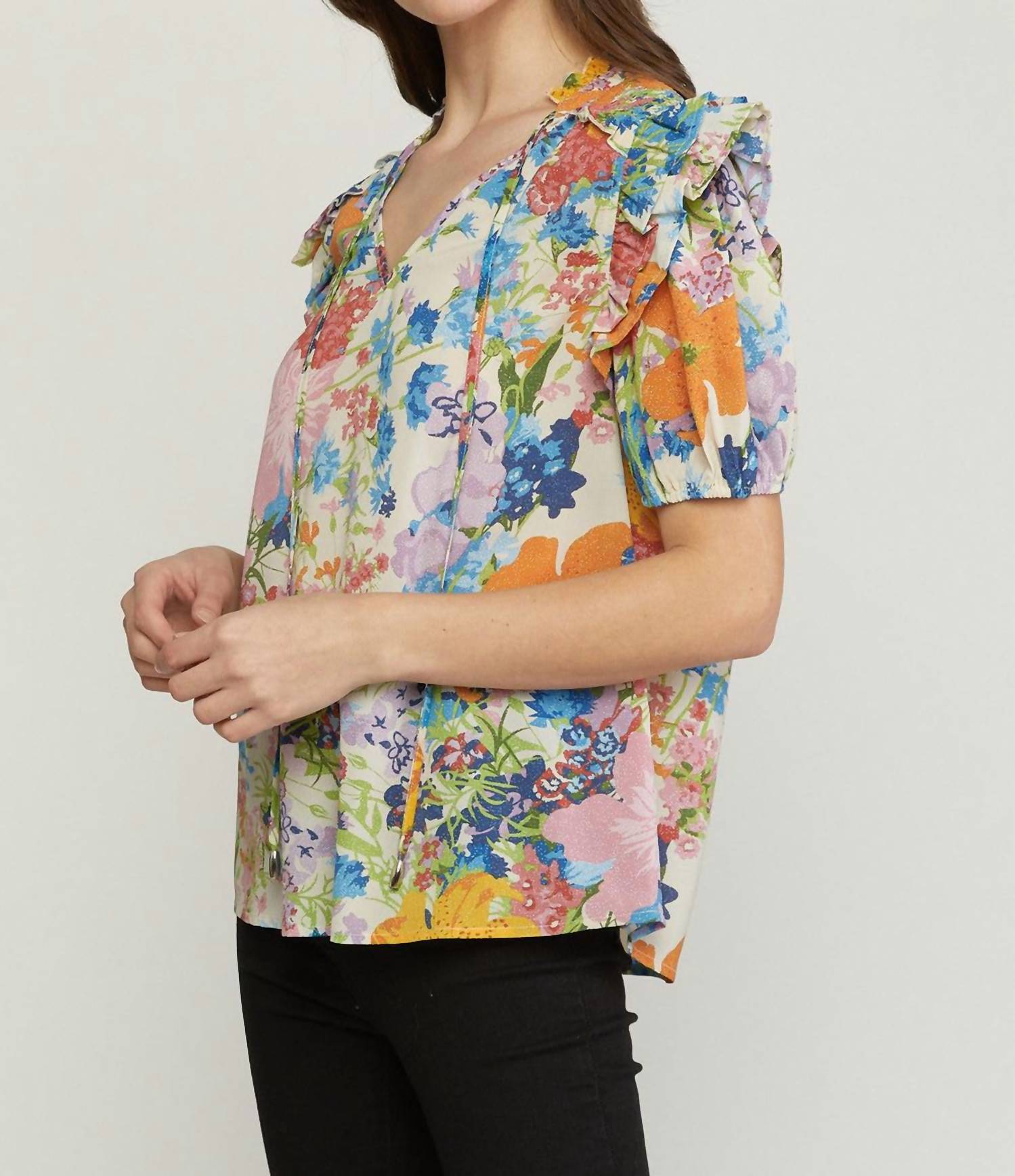 entro Floral Ruffle Sleeve Blouse in multi - women's blouse - alternate view