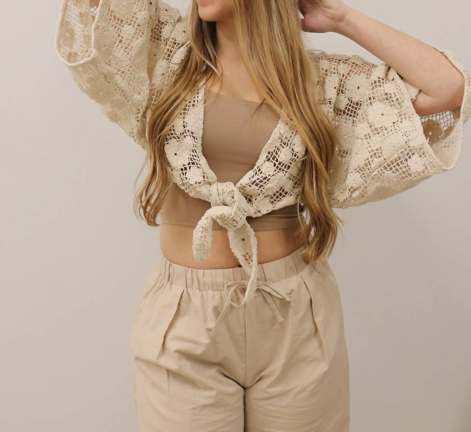 Mustard Seed - Solid Crochet Floral Tie Front Crop Top