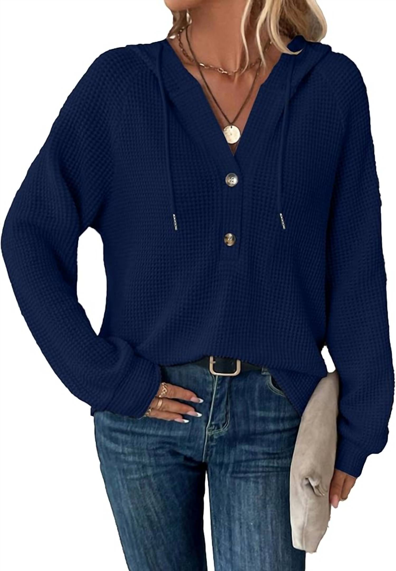 Lily Clothing Waffle Button-up Hoodie Pullover in navy - women's top - detail view