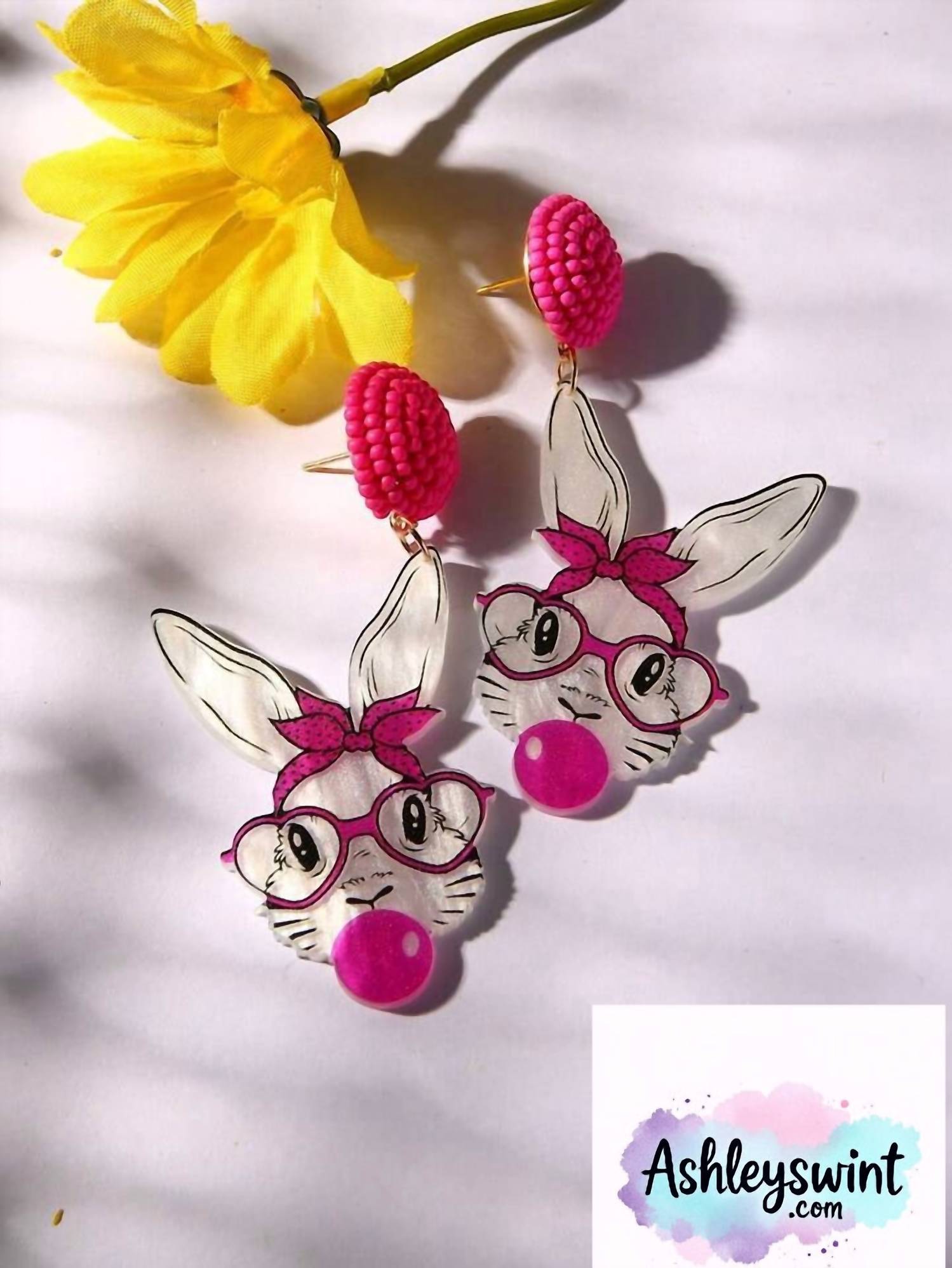 Posh Women's Bunny Acrylic Dangle Earrings in pink - women's jewelry - detail view