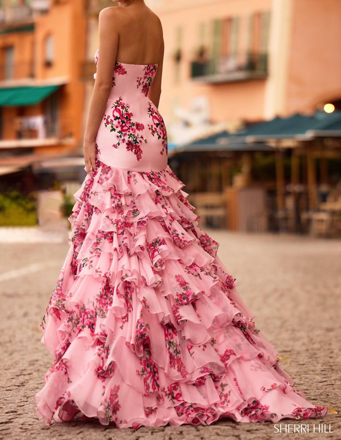 Sherri Hill Strapless Floral Taffeta Mermaid Gown in pink print - women's dress - view 4