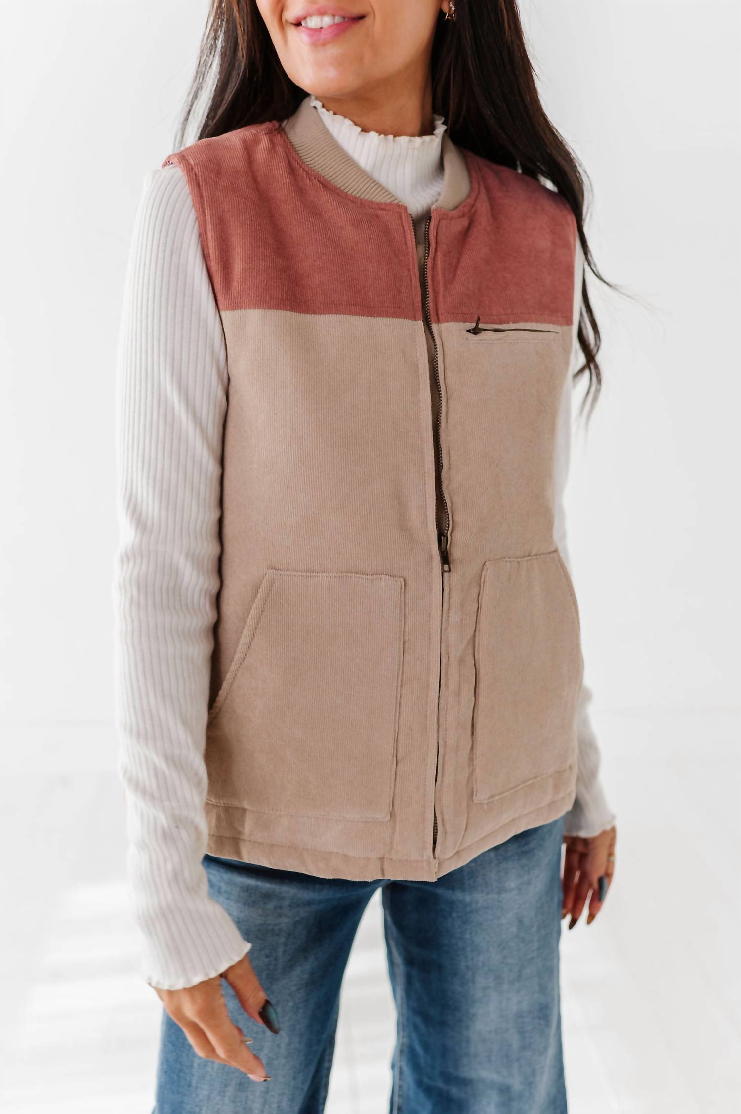 Hem & Thread Shiloh Corduroy Vest in taupe - women's jacket - view 5