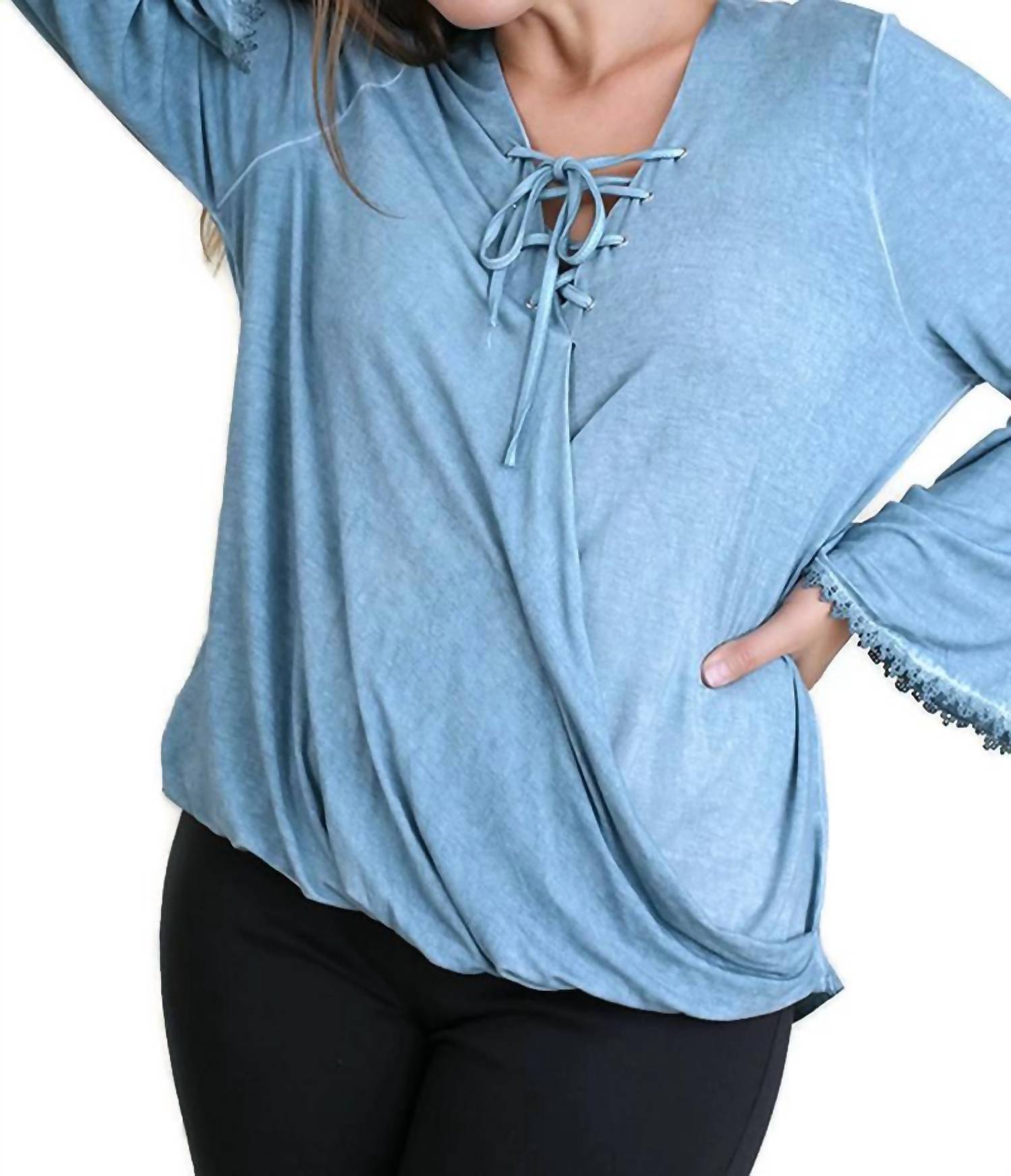 Umgee - Drawstring Neckline Bell Sleeve Top