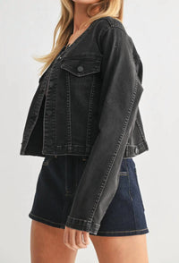 JUST USA Women's Collarless Denim Jacket in black - women's jacket - alternate view