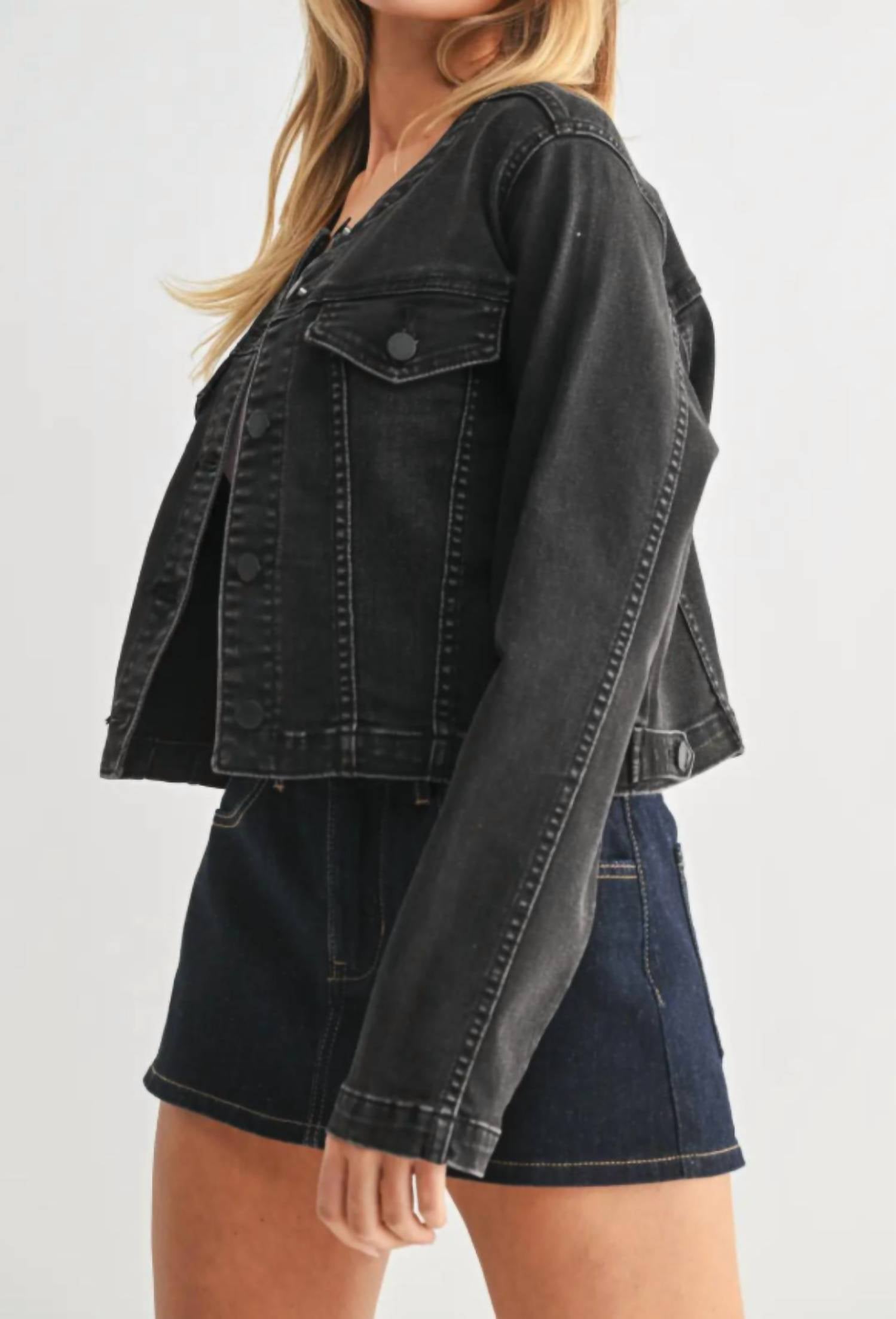 JUST USA Women's Collarless Denim Jacket in black - women's jacket - alternate view