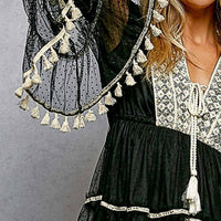 Pol - Split Embroidery Tassel Detail V-Neck Flared Short Dress