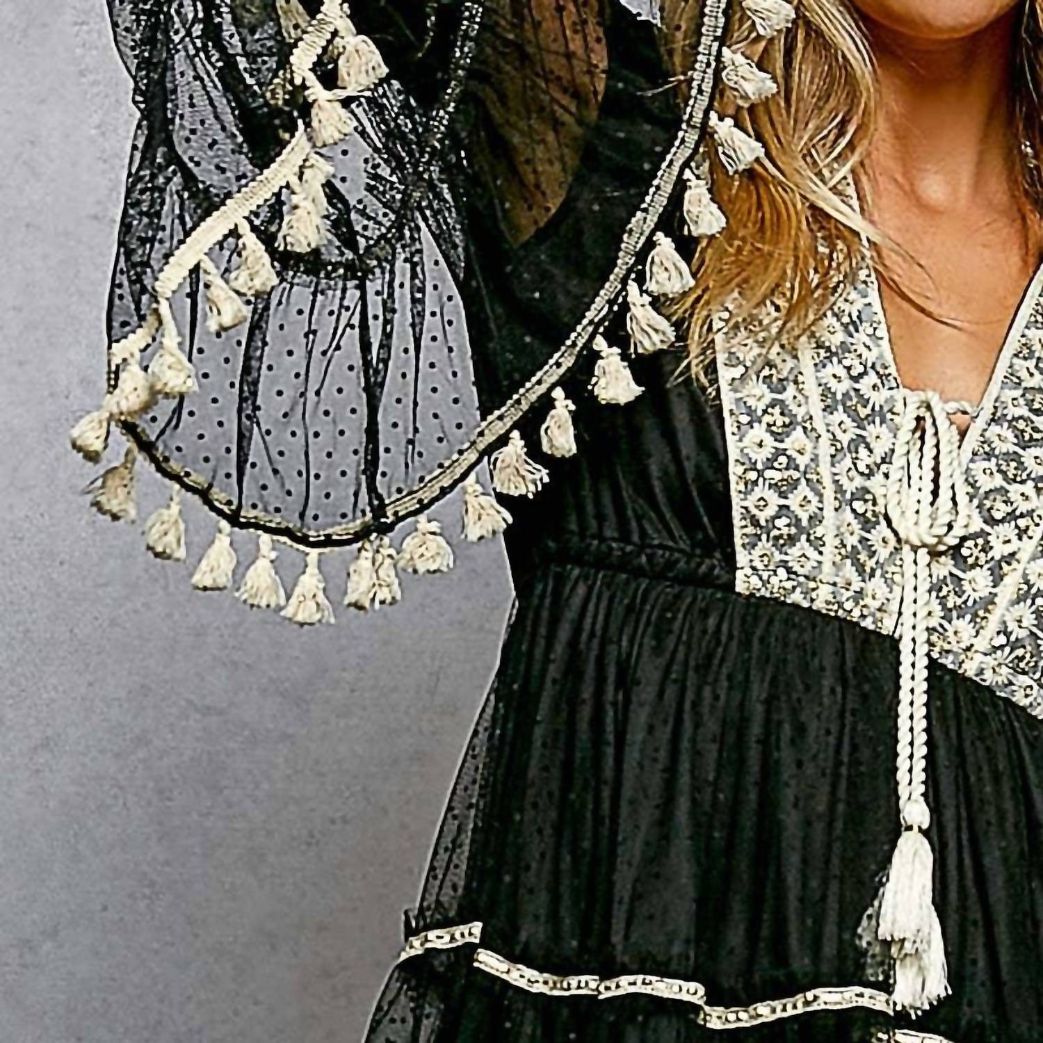 Pol - Split Embroidery Tassel Detail V-Neck Flared Short Dress