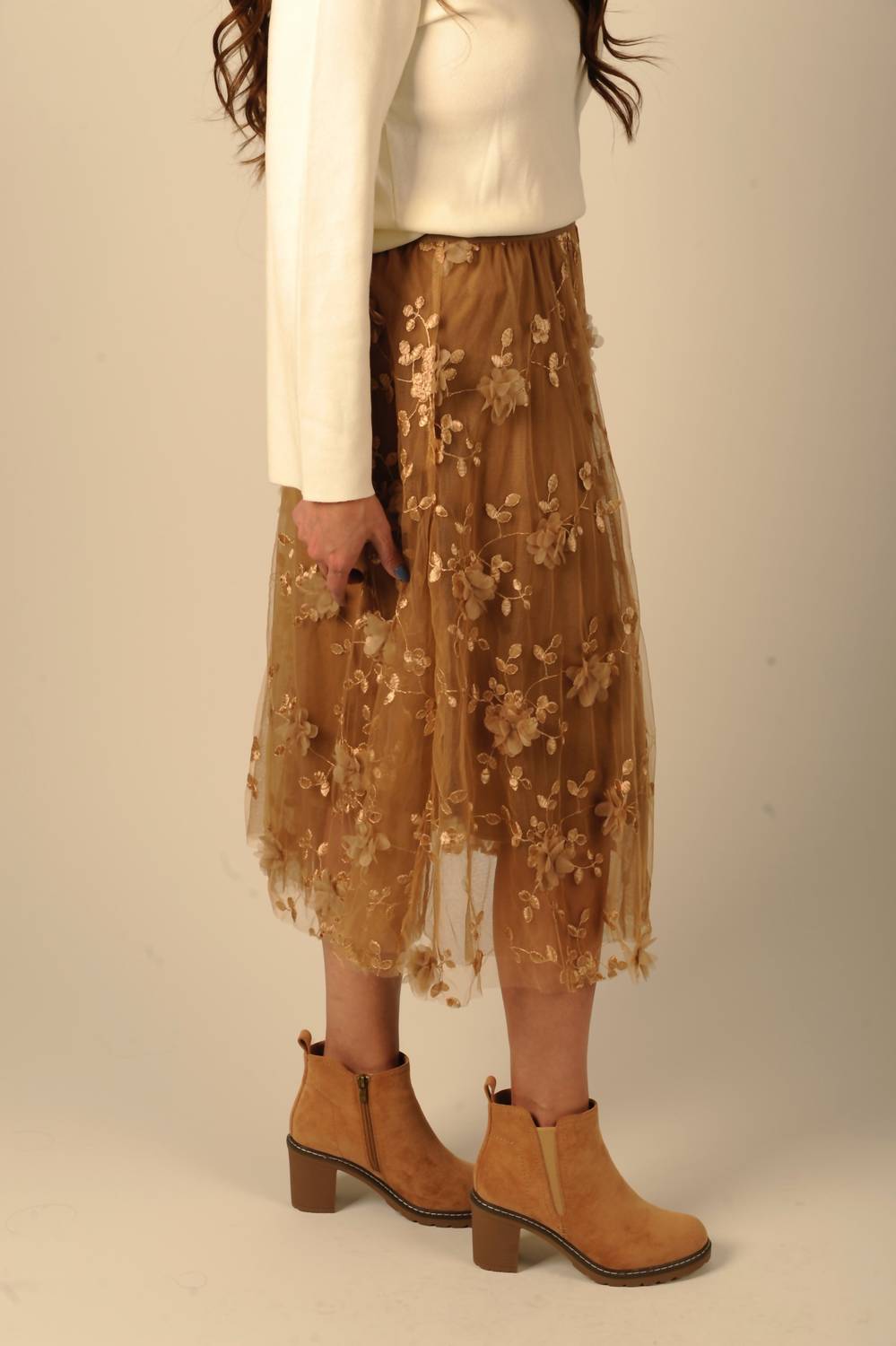 PINCH Whimsical Floral Mesh Midi Skirt in brown - women's skirt - detail view