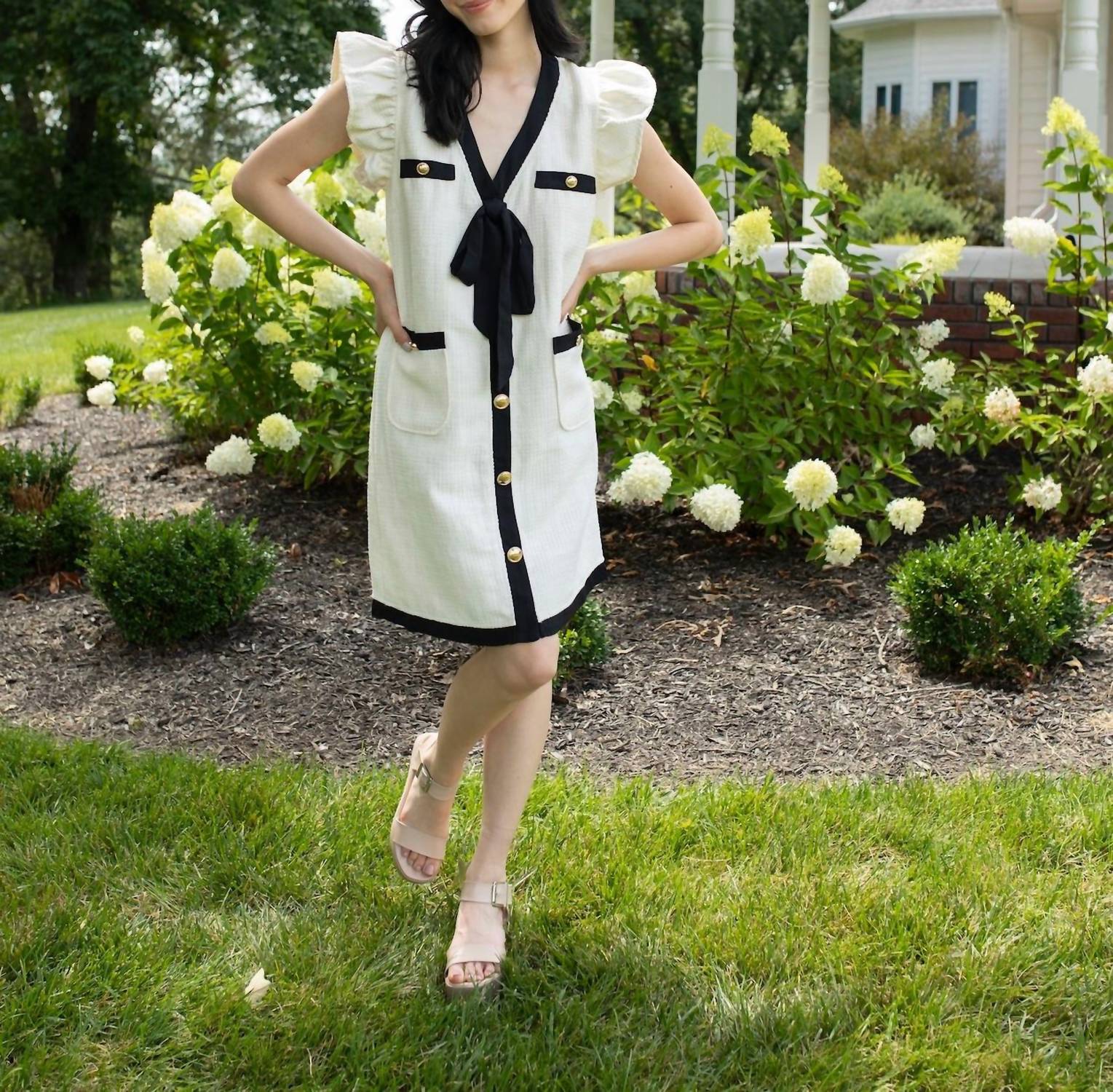 voy Ribbon Ruffle Tweed Mini Dress in cream - women's dress - alternate view