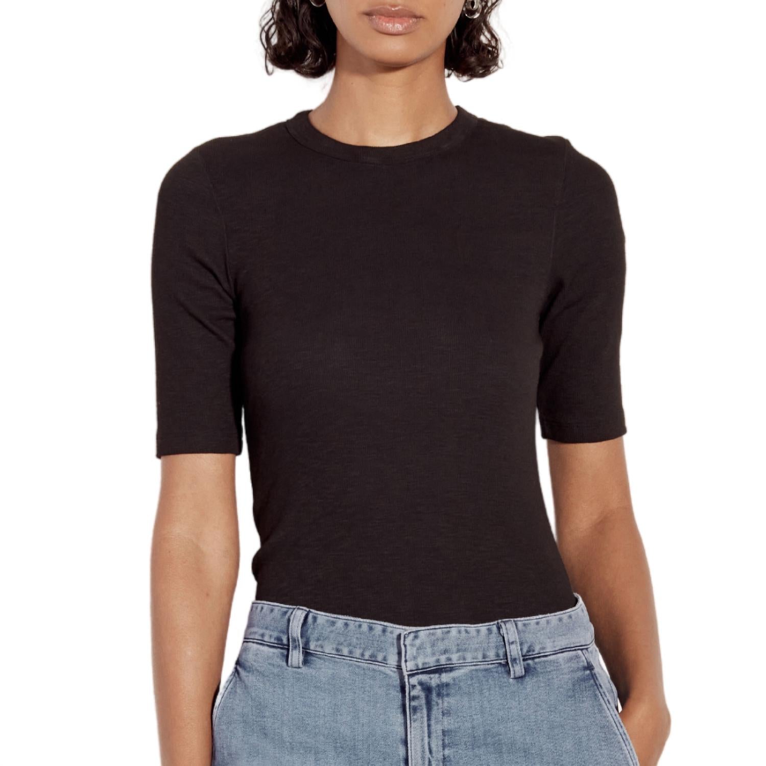 Enza Costa Textured Knit Half Sleeve Bodysuit in black - women's shirt
