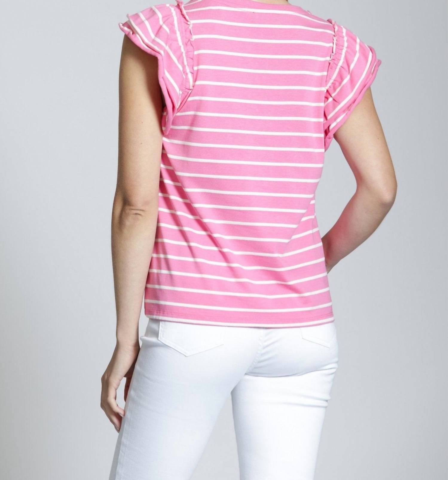 APNY Ruffle Cap Sleeve Tee in pink stripe - women's blouse - alternate view