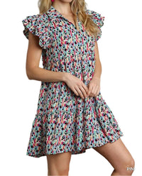 Umgee - Abstract Ruffled Sleeve Tiered Short Dress