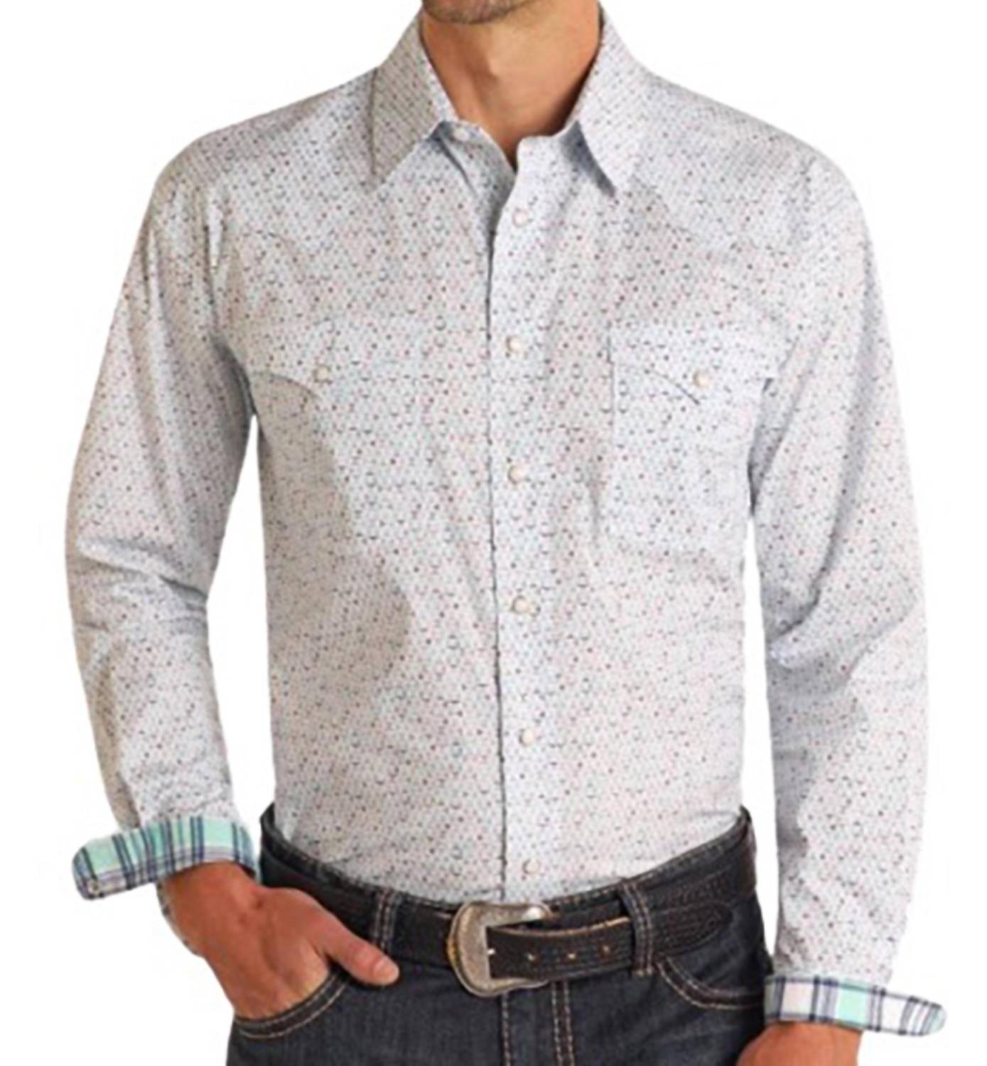 Panhandle Men's Stretch Abstract Geo Print Snap Closure Shirt in blue - men's long sleeve top