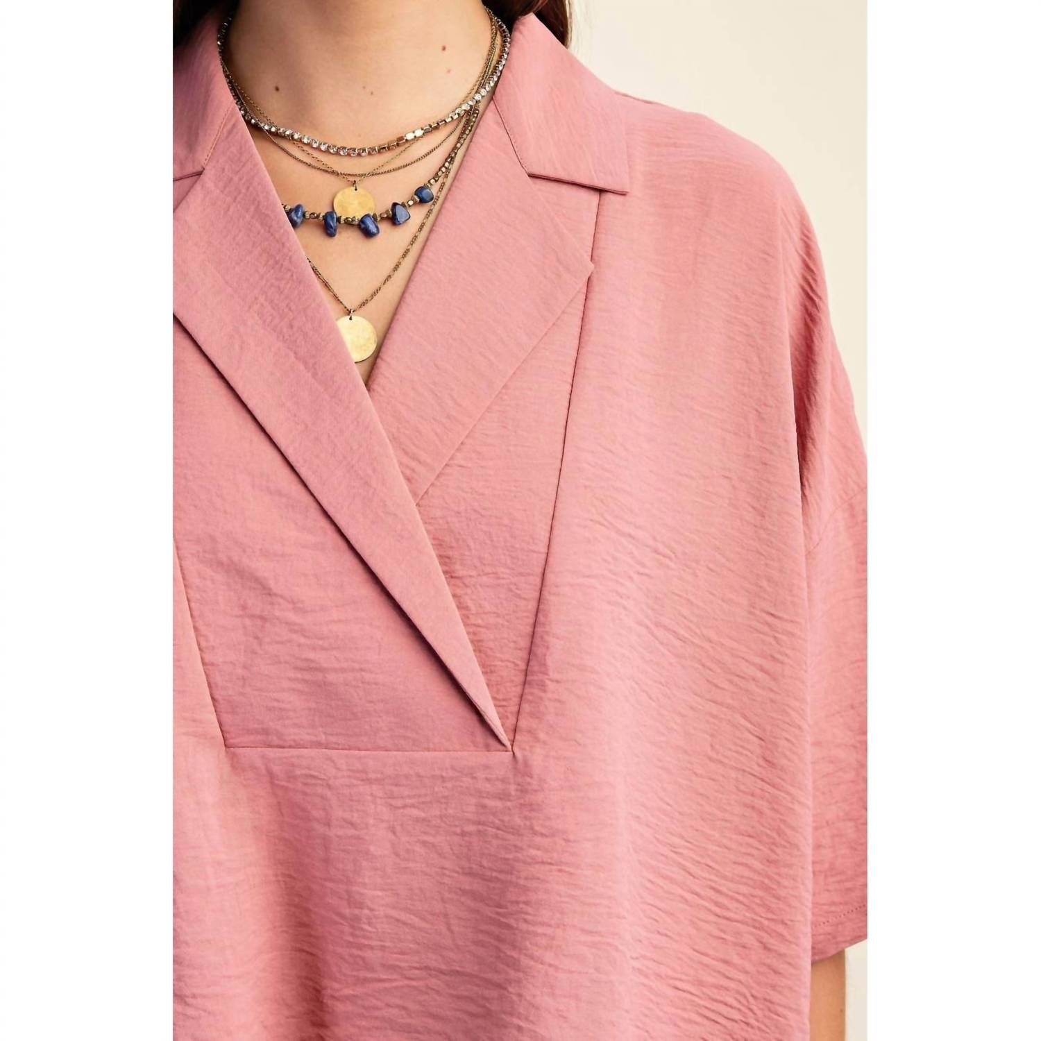 Style USA V-neck Collared Pop Over Top in dusty pink - women's blouse - view 4