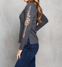 PAPARAZZI Thermal Knit Embroidered Henley Top in charcoal - women's blouse - view 6
