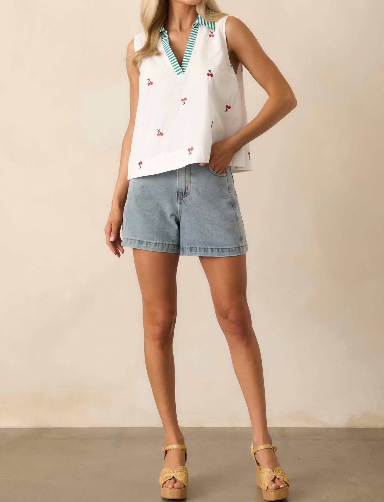 &merci Fruit Pattern Shirt Collar Sleeveless Top in cherry - women's blouse - view 4