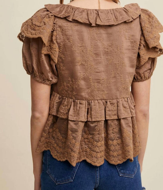 Listicle - Embroidered Ruffled Peplum Blouse