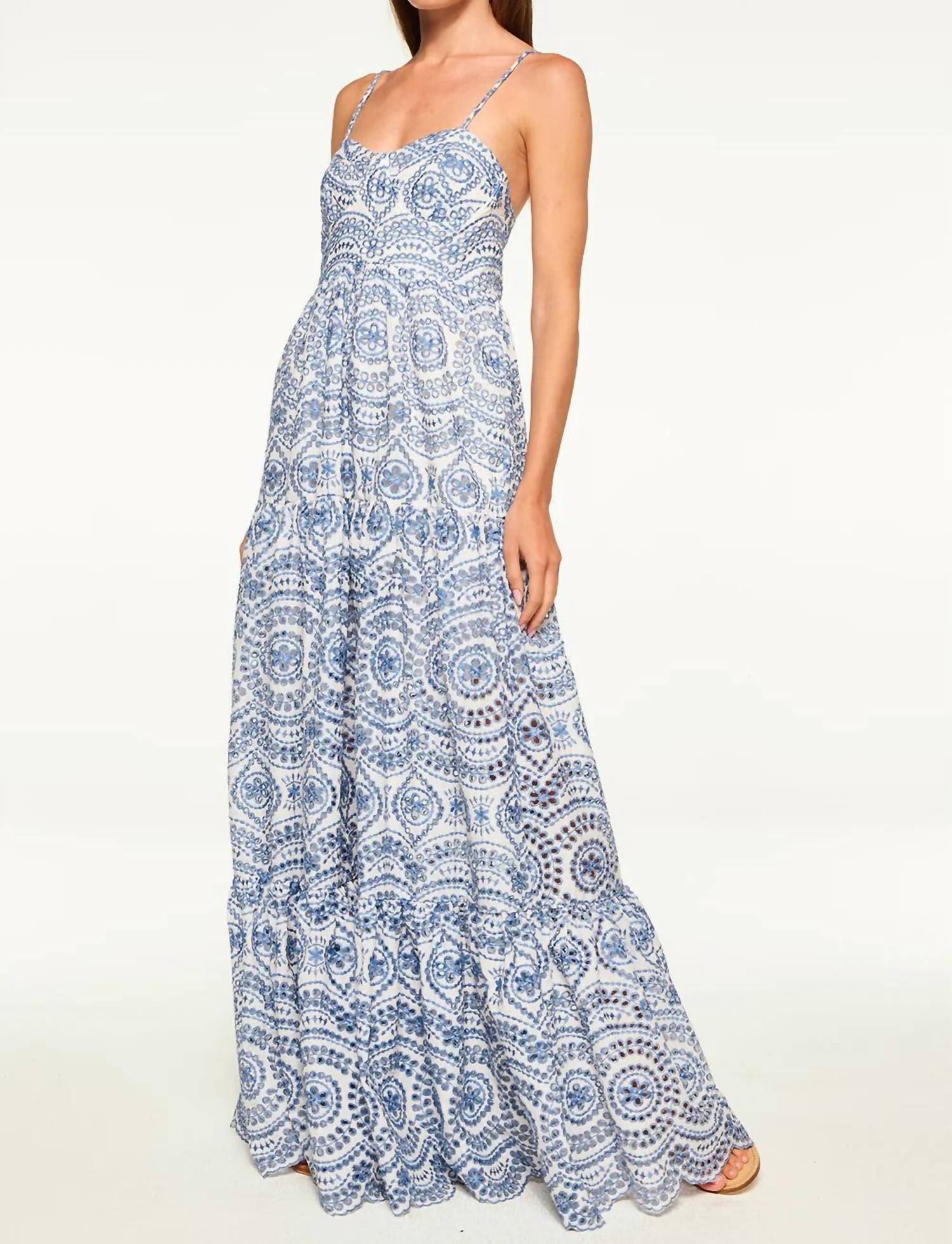 Misa Los Angeles Mariana Maxi Dress in blue embroidered eyelet - women's dress - detail view