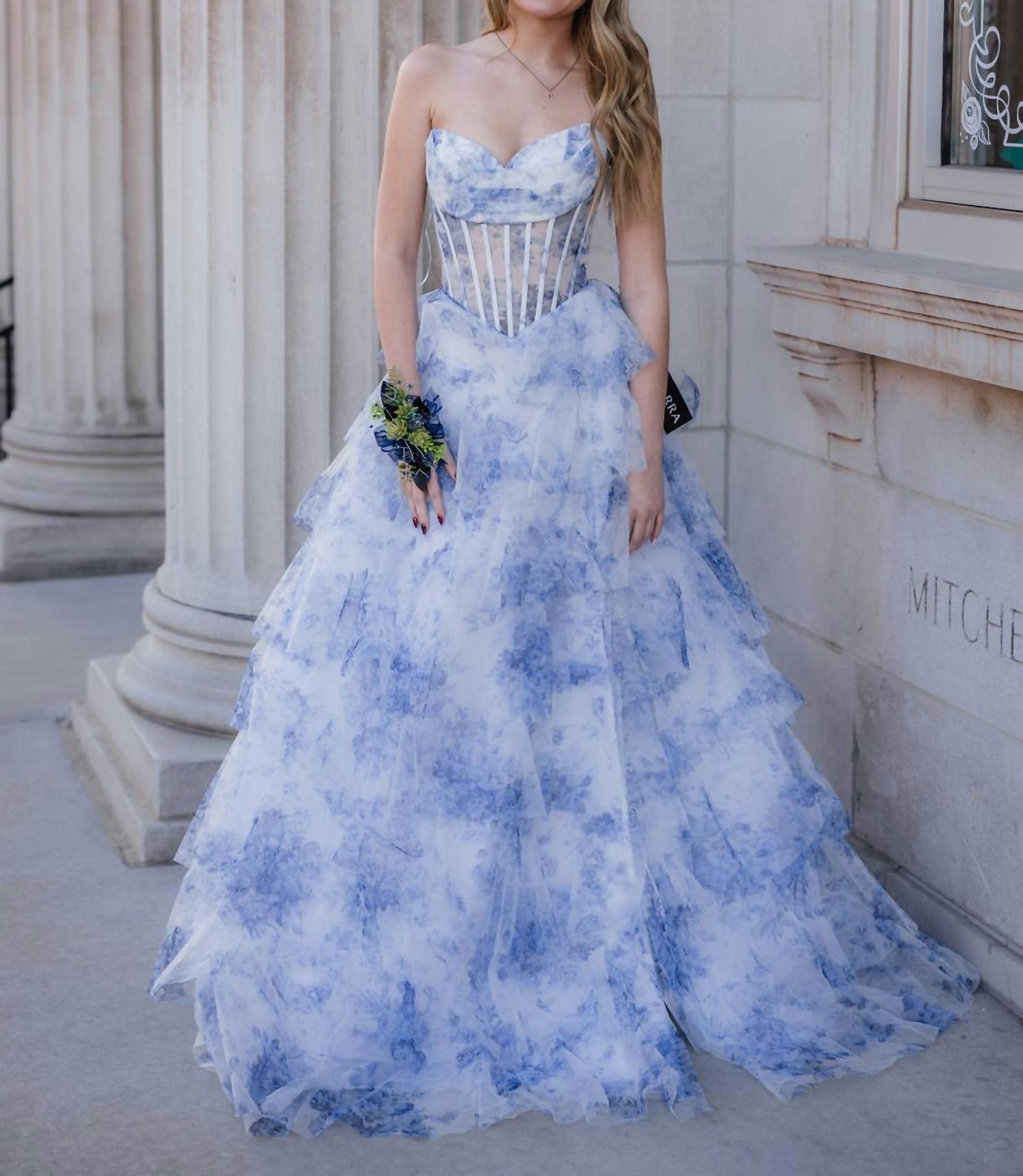 AMARRA Sheer Corset Bodice Prom Dress in blue - women's dress - alternate view