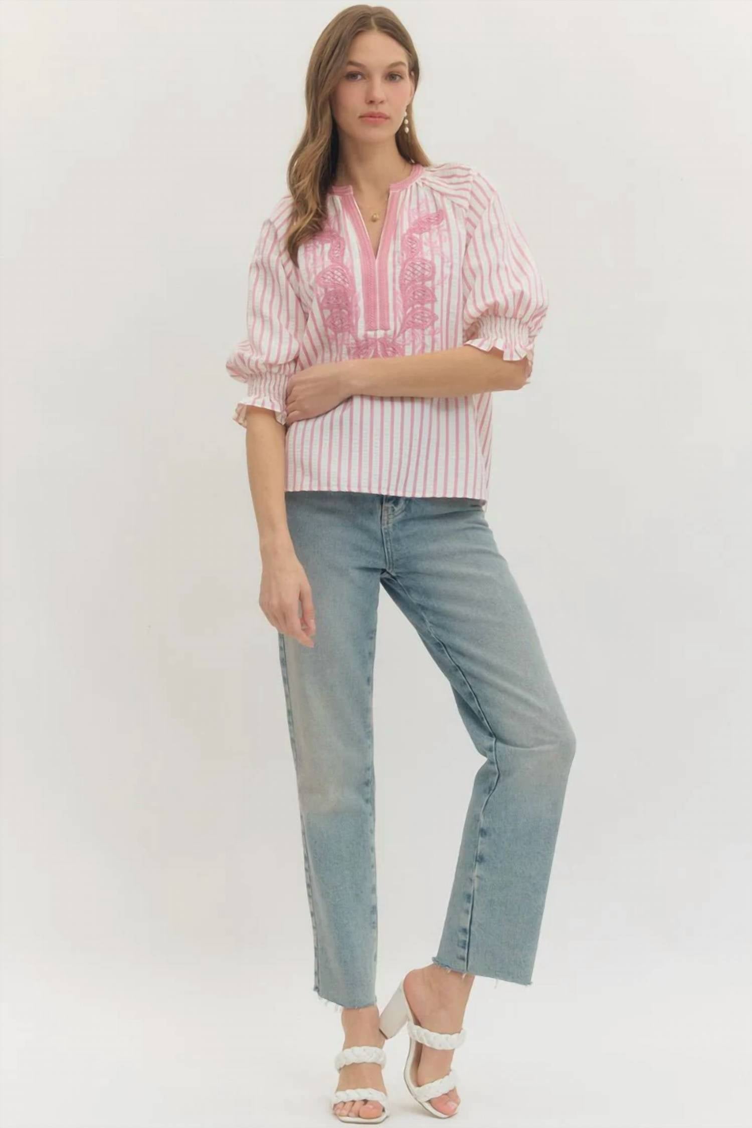 Entro - Stripe Puff Sleeve Top