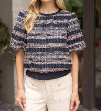 Voy - Elastic Band Detailed Textured Tweed Top