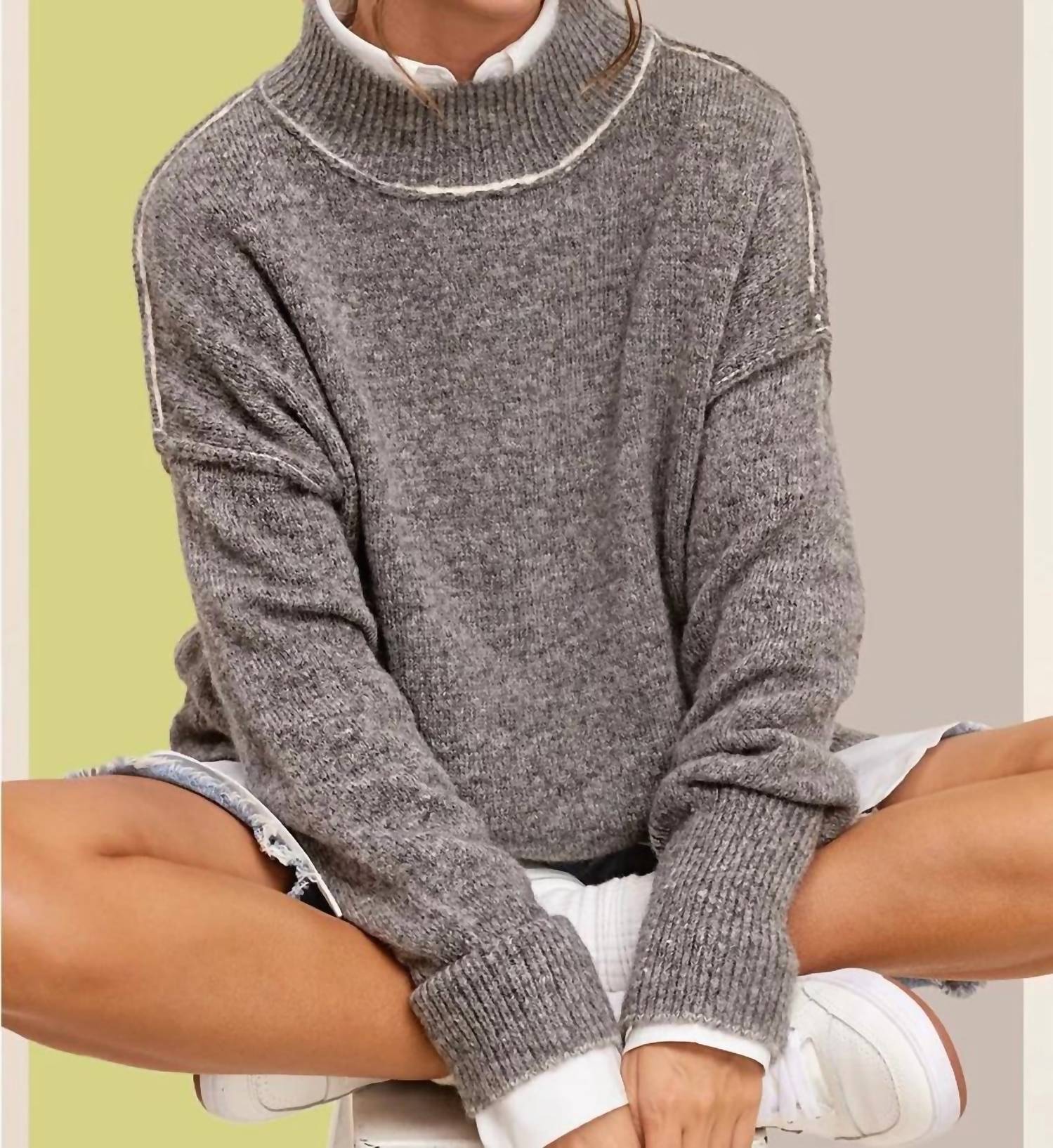 La Miel - Loose Fit Mock Neck Exposed Seaming Detailed Sweater