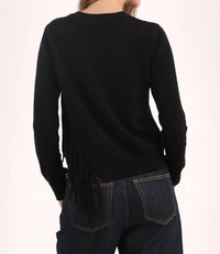 Minnie Rose Cotton Cashmere Fringe Trim Sweater in black - women's sweater - view 4