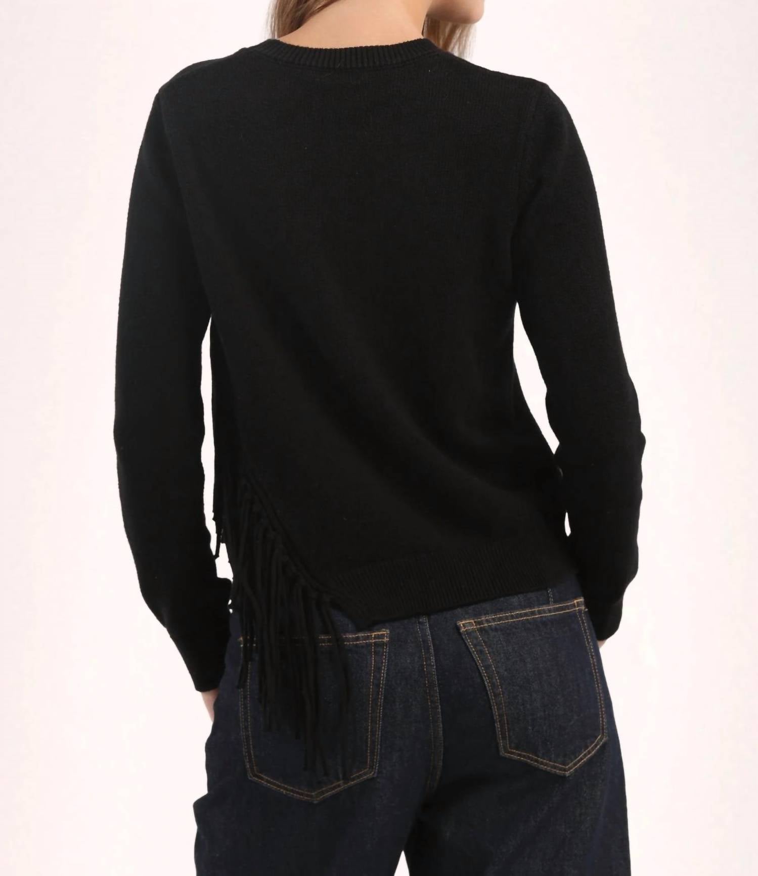 Minnie Rose Cotton Cashmere Fringe Trim Sweater in black - women's sweater - view 4