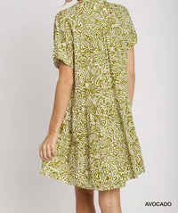 umgee Floral Paisley Mixed Print Tiered Dress in avocado - women's dress - detail view
