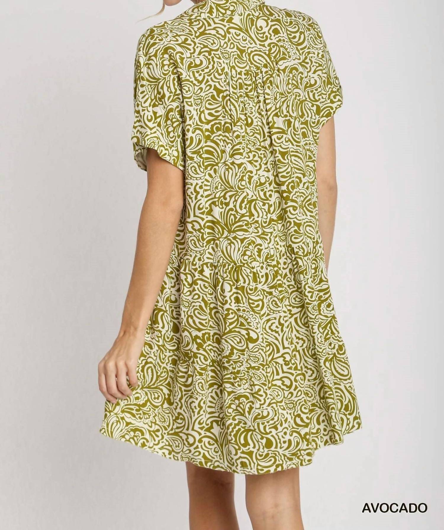 umgee Floral Paisley Mixed Print Tiered Dress in avocado - women's dress - detail view